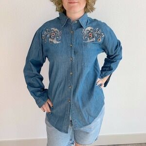 HAIK'S Vintage Denim Long Sleeve Jean Shirt Sequin Embellished Size Medium